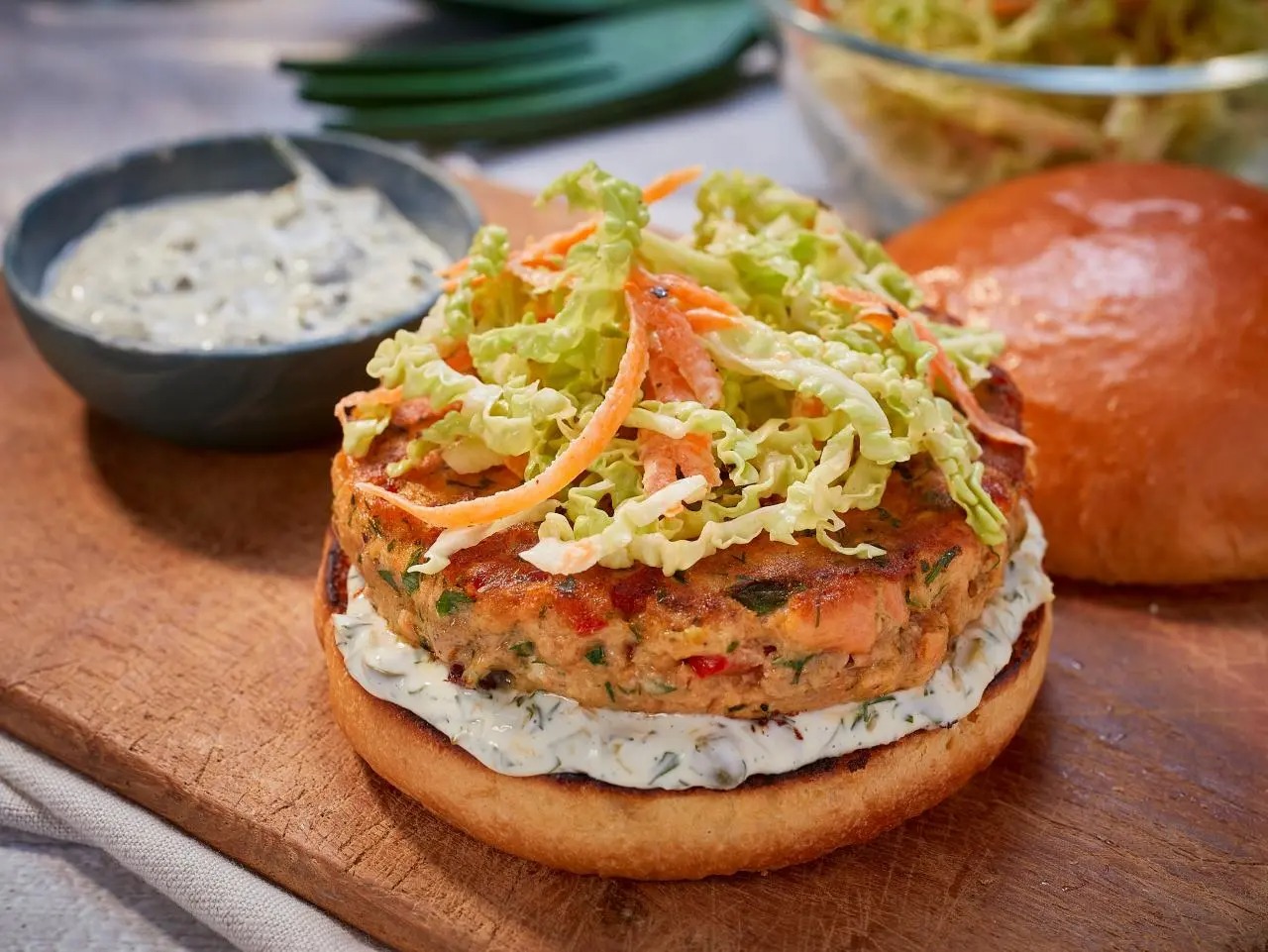 Delicious Salmon Burgers with Crunchy Slaw